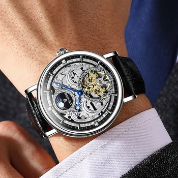 Фаза на Луната Мъжки часовник Автоматично Механични Мъжки Спортни часовници с турбийоном Ежедневните Бизнес Кожени ръчни часовници Най-луксозна марка