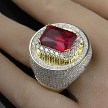 Луксозно Модно Червено Кристално Правоъгълен пръстен Златен Цвят за мъже на Годишнина от Сватбата Подарък бижута