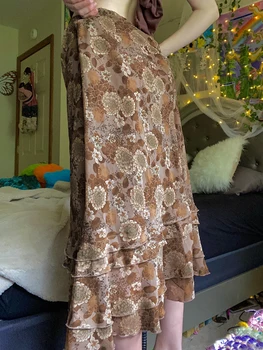 HEYounGIRL Реколтата, елегантни миди-поли трапецовидна форма За жени с цветен принтом Елегантни Ежедневни къса пола Дамски градинска облекло 2000-те козметична