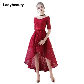 Ladybeauty Нова рокля за бала Hi-Low с къс ръкав Дантелено вечерна рокля 2018 Дантелено рокля за бала с бродерия Casamento половината ръкави