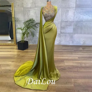 Сексуалното атласное рокля Макси Дамско вечер вечерна рокля с панделка, Зелени Драпирани кристали Дълга рокля на бала Русалка 2021