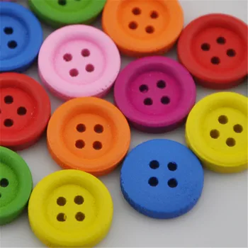 100шт 15 мм 4 дупки Цветни Детски Кръгли Дървени Копчета Занаятчийско Шиене WB157