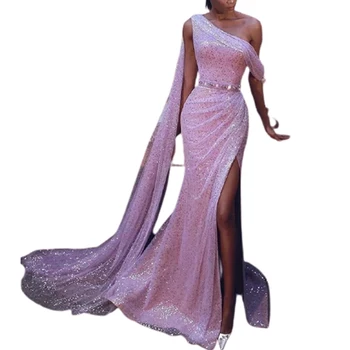 2021 Лятна мода Дама Тънък с едно Рамо Лилави вечерни рокли с висока талия с цепка по цялата дължина на Vestidos De Noche Вечерен халат за бала
