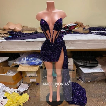 Ангел НОВИАС Секси светло лилава рокля за абитуриентски бал с пайети 2021 На поръчка Африканска Черна момиче Кратко вечерна рокля 2020