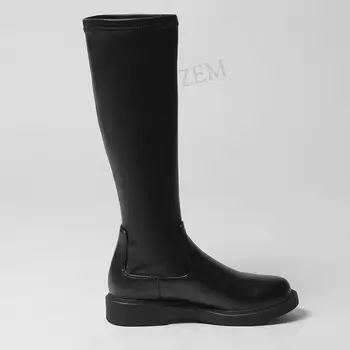 LAIGZEM Дамски ботуши до коляното от изкуствена кожа Еластичен 3 см на ниски токчета за Дамски есен-зима черни обувки Женски Големи размери 33 39 41 42 43