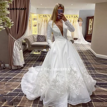 Vestido De Новия Винтажное сватбена рокля с дълъг ръкав от сатен органза за младоженци с джобове V-образно деколте Принцеса Дантелени апликации Халат Mariee