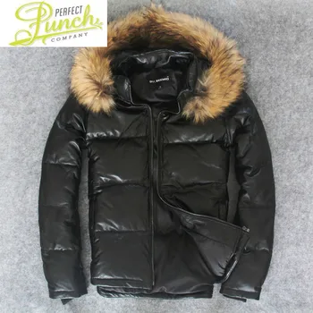 Топли мъжки зимни якета от естествена агнешка кожа, Мъжки Кожени якета с качулка Тънка яке-бомбер Jaqueta Couro YY142