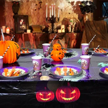 Украса на парти за Хелоуин Аксесоари за сервиране на Масата Еднократна Хартиена Чиния с Ключалка Супена Чиния Чаша Покривка Комплект Съдове за готвене