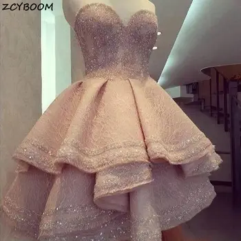 Елегантен бледо розово коктейлни рокли 2021 Вечерна рокля за абитуриентски бал с волани и пайети, дантелено выпускное рокля с деколте сърце, вечерни рокли