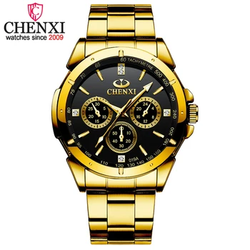 Златни часовници За мъже CHENXI Мъжки часовник Луксозен Стоманена каишка, Кварцов часовник Ежедневното Рокля Водоустойчив часовник Relogio Masculino