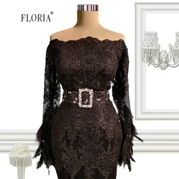 Флория Черно дантелено вечерна рокля 2021 За жени с открити рамене с дълъг ръкав от пера Вечерен халат Vestidos De Noche