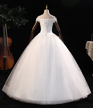 Сватбена рокля с открити рамене 2021 Елегантна сватбена рокля с деколте лодка дантела Бална рокля на Принцеса Луксозно Рокля Vestido De Noiva Настройка