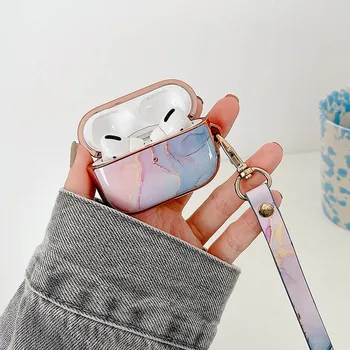 Луксозен Калъф за слушалки с покритие покритие от мечтательного мрамор за Apple AirPods Pro за AirPod 3 Калъф устойчив на удари Калъф с каишка-wsop гривна