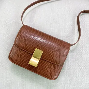 2021 Женствена чанта от естествена кожа с тофу, модел гущери, Малка квадратна кутия, Чанти, Модни универсална чанта, Луксозен портфейл и чанти