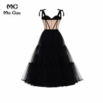 А-Силует 2021 Черни вечерни рокли за абитуриентски бал за тийнейджъри Чаена дължина Бретельки Тюл-Секси вечерна рокля
