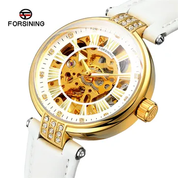 Forsining Бял Скелет Автоматични Механични Дамски часовници Луксозна марка Дамски ръчен часовник с Моден Кожена Каишка Часовник Reloj Mujer