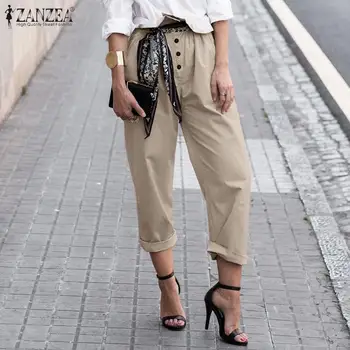 Дамски модни широки панталони ZANZEA Обикновена прави панталони 2021 Есен Панталони с висока еластична талия Ежедневни панталони дантела и копчета