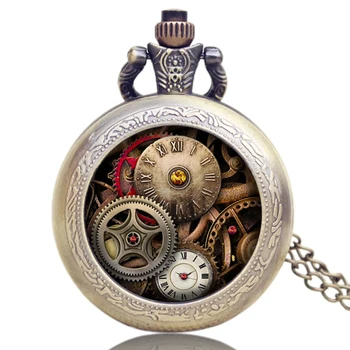 Най-добрите подаръци Steampunk Колелото Кутия Висулка Джобни Часовници Часови Часовници Реколта Кварцов механизъм Аналогов с кръгла циферблат на Мъже, Жени Колие Верижни часовници