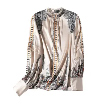 Коприна френска риза дамски пролет 2021 нов висококачествен сатен блуза с завързана яка и модерен принтом, универсална връхни дрехи
