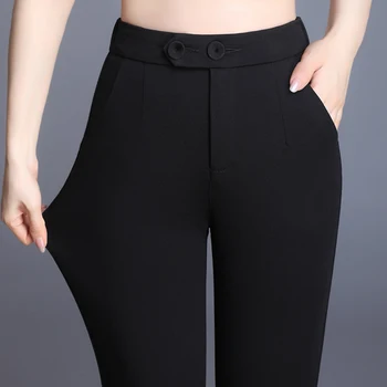 Модни черни дамски панталони с цепка прави Панталони до глезените Елегантни Панталони с висока талия Офис дамски работни облекла Костюм Панталон Размер S-4XL