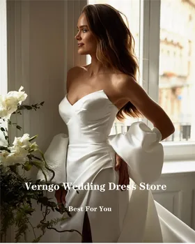 Verngo Прости Сатен Сватбени рокли на Русалка С Подвижни Ръкави и Панделка с нарязани във формата на сърце дантела Отзад на Дълги Сватбени рокли 2022