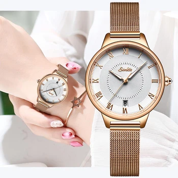 SUNKTA Нови дамски часовници е От неръждаема стомана, Дамски ръчни часовници Модерни водоустойчиви дамски часовници Прости розов часовник за момичета Relogio Feminino