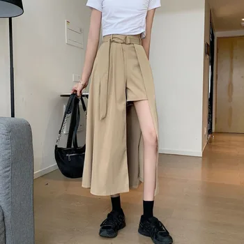 Irregular cinturón de cintura alta Color sólido Falda larga pantalones holgados AA98Casual Streetwear Culottes moda coreana