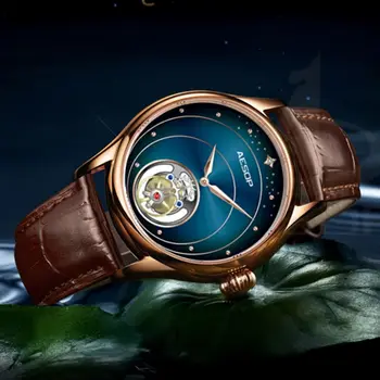 Часовници с турбийоном Aesop 7039 Луксозни Сапфировые Водоустойчив часовник с Паучьим механизъм за Дизайн на Бизнес-Crystal Blue Циферблат Кожена каишка