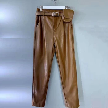 Класически дамски панталони от изкуствена кожа, Модерен колан с висока талия + чанта, черни тесни кожени панталони-молив, Нови женски скъсяване на панталони 2020 г.