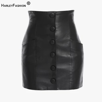 HarleyFashion y2k Черни мини-поли от изкуствена кожа за жени с висока талия копчета Улично Високо качество