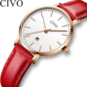 CIVO Мода-тънки дамски часовници са Най-добрата марка на Луксозни Водоустойчив дамски часовник с дата Червена кожена каишка Часовник Relogio Feminino