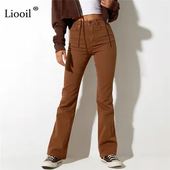 Дамски кафяви еластични дънки с висока талия, прав панталон с джобове, Градинска дрехи, секси тесни памучни дънкови панталони, Дълги панталони