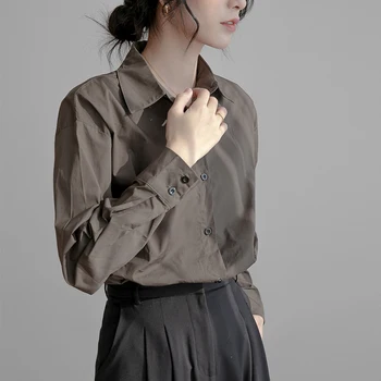 Сочно памучен дамски блуза 2021 г., Нова реколта ризи с дълги ръкави и отложным яка, Дамско работно облекло, Елегантни и шик блузи, Пролет-есен