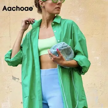 Aachoae Женски обикновена памучни ризи всеки ден с отложным яка и крило от прилеп Риза с дълъг ръкав с джобове за Дамски модни блузи