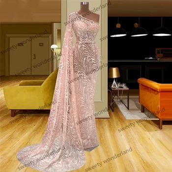 Елегантна розова вечерна рокля Русалка с завързана обертыванием Абитуриентски рокли с пайети на рамо Сватба на Второ рокля за приемане на поръчка