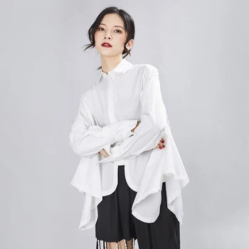CHICEVER Бели ризи за жени с ревера Прилеп с дълъг ръкав Ежедневни нередовни подгъва Дамски блузи Голям размер 2021 Есен облекло Нова