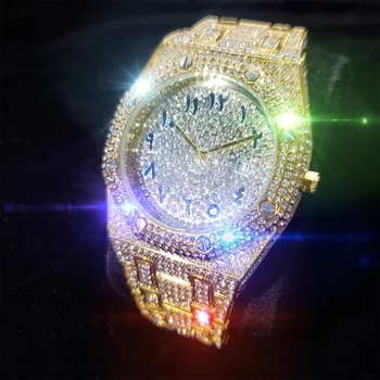 Хип-хоп Мъжки часовник Сини Арабски цифри Леден Часовници са Най-добрата Марка на Луксозни Автоматична Дата Водоустойчив Кварцов ръчен часовник AA Златни бижута
