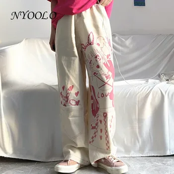 НИОЛО Харадзюку Японското Сърцето си за Любовта Сладък Картун Аниме Момиче Карирани Принт Y2K прави Панталони Женски Kawai на 90-те Големи Панталони