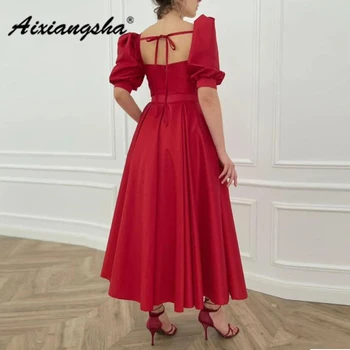 Aixiangsha Червени вечерни рокли с квадратни деколтета и пуговицей, наполовина пълна с пищни ръкави, копчета, колан с лък, Рокли на принцеси във френски стил на знаменитости