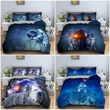 Космически Комплект постелки Астронавт Пухени Комплект Синьо Galaxy Комплект Спално бельо за момчета-тийнейджъри Спалня Пълен Размер Кралица и Крал Одеяло Калъф