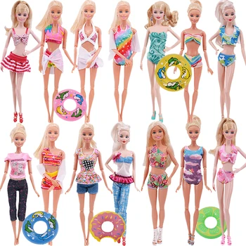 2 ЕЛЕМЕНТА стоп-моушън Бански костюми + Плувни Пръстени Бански Бикини Плажни Аксесоари за Къпане за Барби,11,8 инча,Кукла BJD,Играчка за момичета