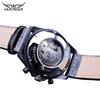 Jaragar Стръмни черни състезателни мъжки автоматичен часовник Bezel съоръжения Дата на Ръчен часовник от естествена кожа Спортни Светещите стрелки Механични часовници