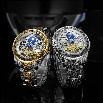 Forsining Ретро Ръчни часовници за Мъже Tourbillion Автоматични механични часовници с Фазата на Луната на Часовника от неръждаема Стомана за Мъже relogio masculino