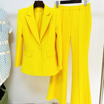 ВИСОКО КАЧЕСТВО на най-новия дизайнерски костюм за писта 2021 г. Комплект за жени кариера Блейзър с една пуговицей Яке Разкроена панталони костюм 2 бр. комплект