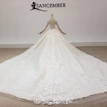 HTL1926 Апликация от шампанско с кристали и пайети Сватбена рокля 2020 Дантелени бални рокли с дълъг ръкав и дълбоко V-образно деколте