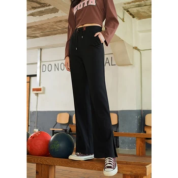 Toyouth Дамски спортни панталони 2021 Есенни бандажные панталон с еластична талия Обикновена широки панталони с цепка Всекидневни Спортни панталони