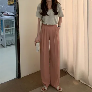 ГСМ 4 цвята 2022 корейски стил плътен цвят костюм Широки панталони дамски летни панталони цвят Каки с висока талия и дълги дамски панталони (X1925)