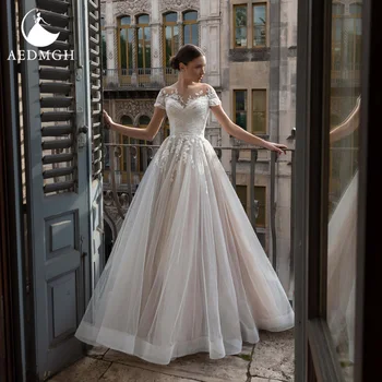 Aedmgh Бална рокля Сватбена рокля в стил Империя 2022 Сладко с къс Ръкав Придворен струята Vestido De Новия Апликации от дантела-Сватбени рокли
