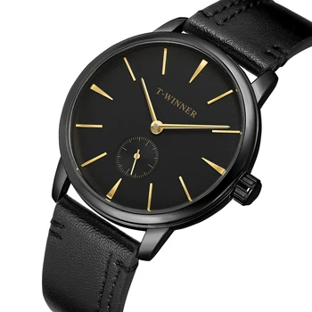 T-носител на Най-добрата марка за Кожени Механични Часовници За мъже страна на Вятъра Човек Прости аналогови Ръчни часовници Montre Homme Reloj Hombre Reloj Mujer
