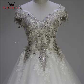От рамото Тежко сватбена рокля с мъниста 2021 robe de mariee На Поръчка Дантелени Сватбени Рокли от мъниста с кристали WA48